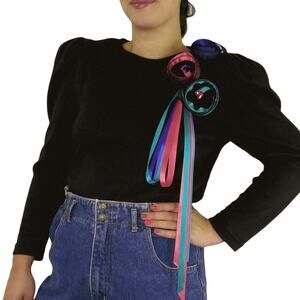 Just Tina 80s Vintage Sweater Black Ribbon Rose Rhinestone Funky Retro Large